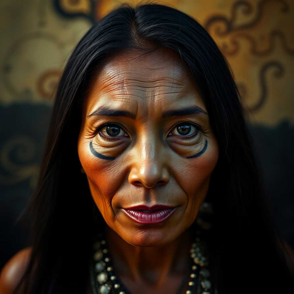 AI generated art for prompt: A photorealistic portrait of an enigmatic Micronesian woman in her prime, with deep brown eyes that 