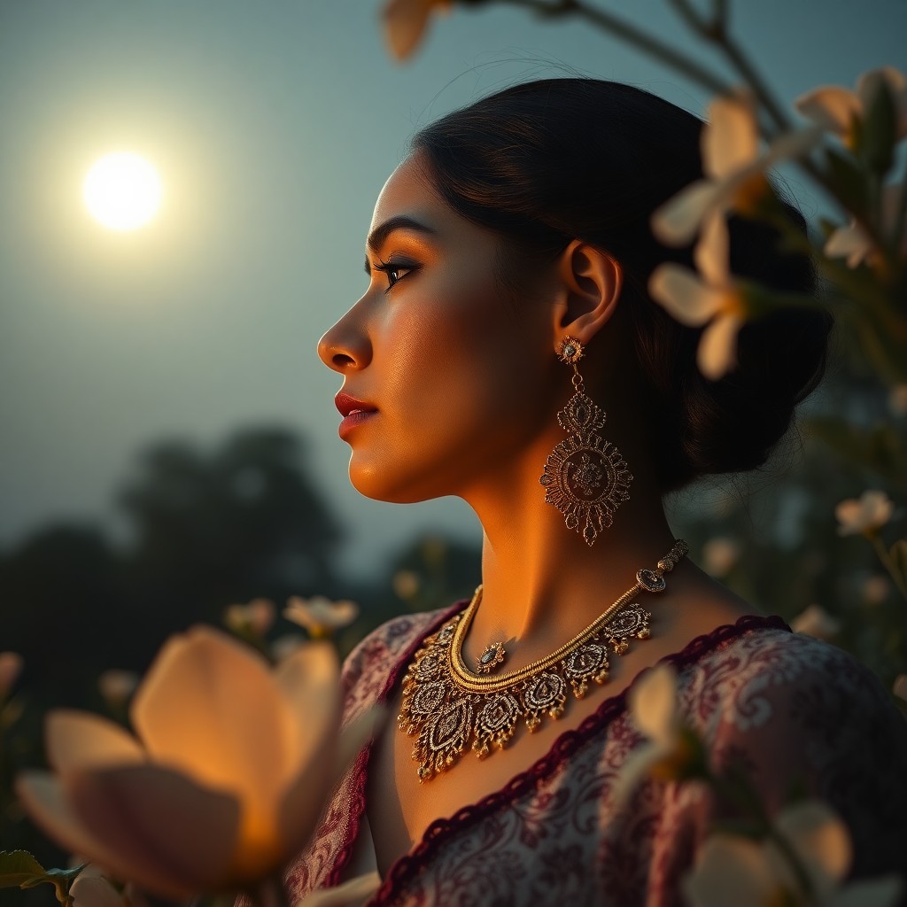 AI generated art for prompt: A photorealistic portrait depicts an enigmatic Hispanic woman adorned with intricate filigree jewelr