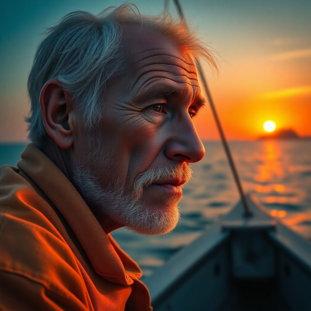 AI generated art for prompt: A highly detailed hyperrealistic portrait captures a weathered fisherman with his lined face illumin