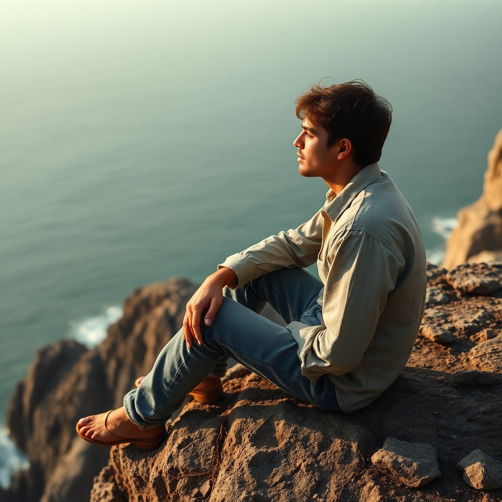 AI generated art for prompt: Craft a hyperrealistic portrait capturing an introspective figure seated alone on a rocky cliff's ed