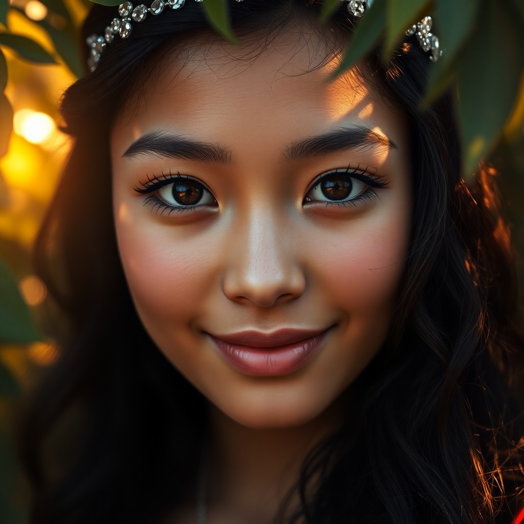 AI generated art for prompt: A captivating hyper-realistic digital portrait showcases a young Micronesian woman's enigmatic sapph