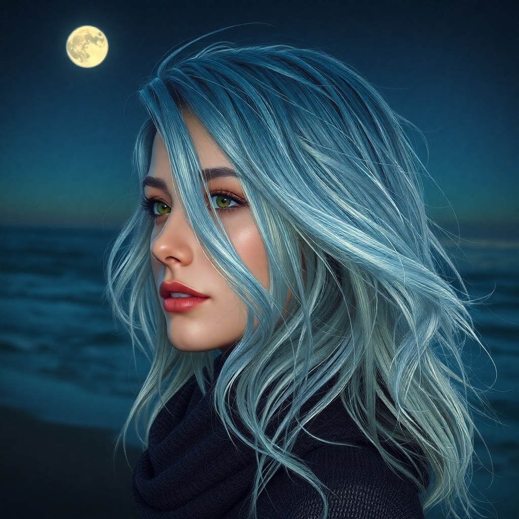 AI generated art for prompt: Craft a hyperrealistic portrait of a lone traveler on a moonlit beach at dusk, their wavy silver-whi