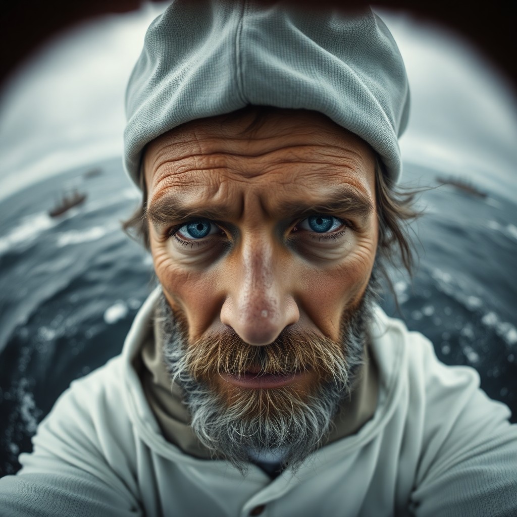 AI generated art for prompt: A super-realistic portrait of a weathered sailor with unfocused blue eyes and a salt-and-pepper bear