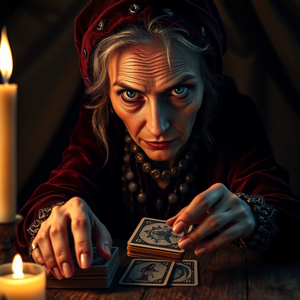 AI generated art for prompt: A photorealistic portrait depicts an enigmatic fortune teller with piercing blue eyes and distinct f