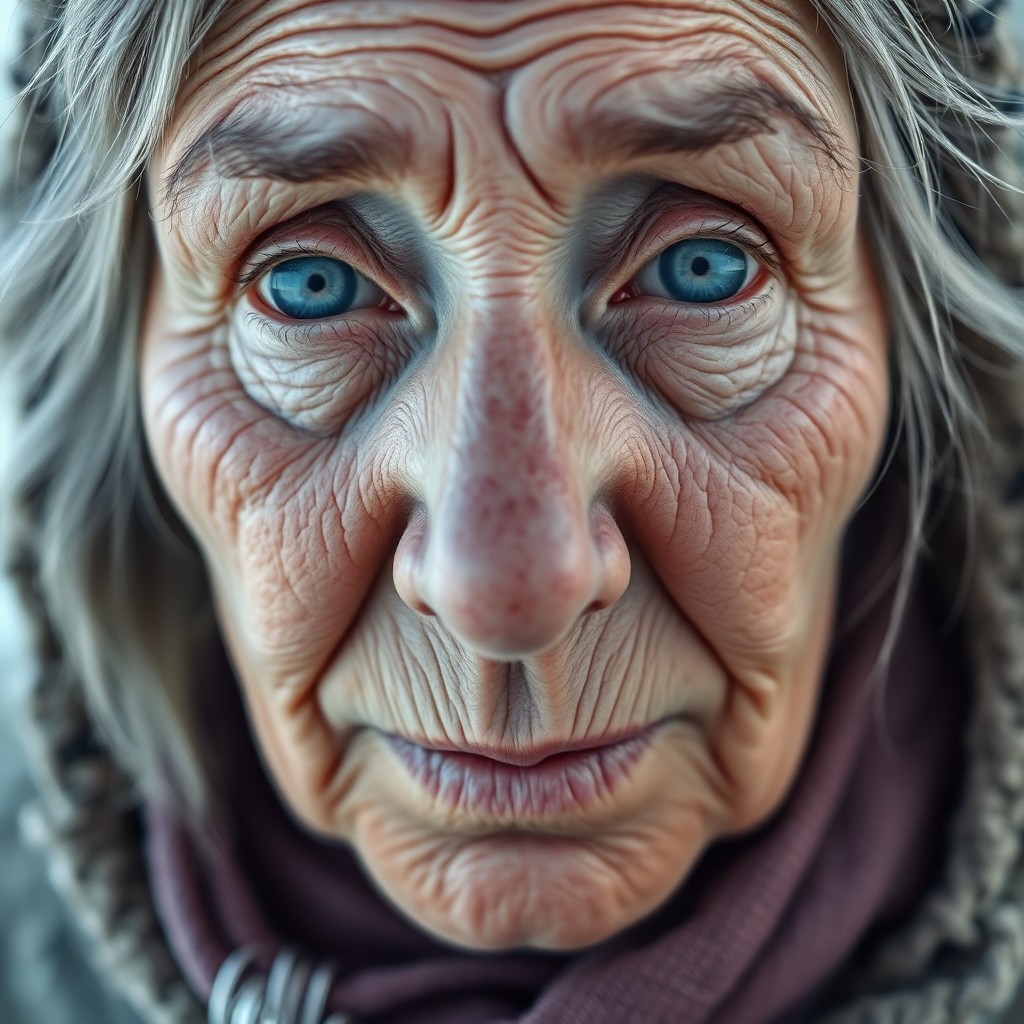 AI generated art for prompt: Craft a photorealistic portrait of an elderly Inuit woman with classic features and tender blue eyes