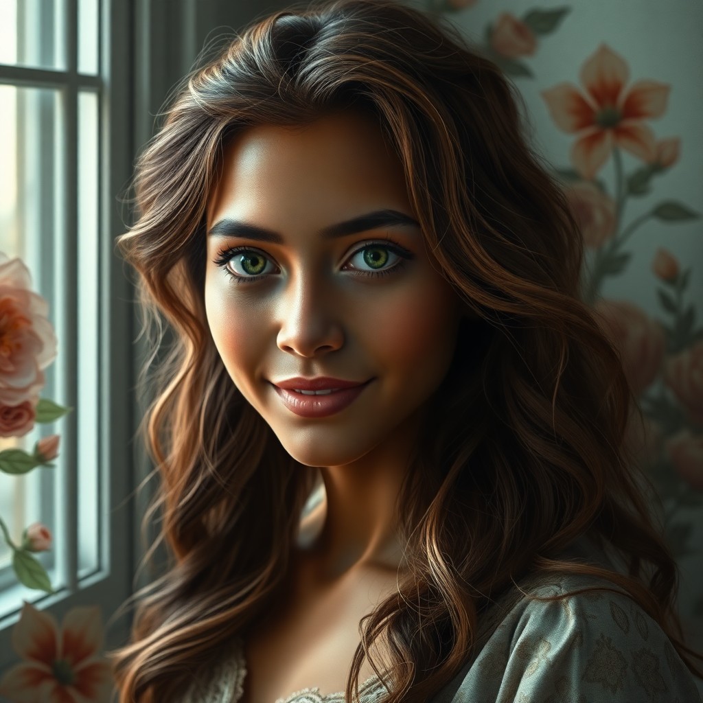 AI generated art for prompt: Craft a hyperrealistic portrait of an enigmatic Pacific Islander woman in her late 30s, showcasing c