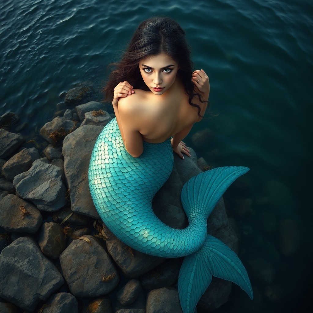 AI generated art for prompt: A captivating portrait of a mermaid emerges from the depths, rendered in the ultrarealistic style of