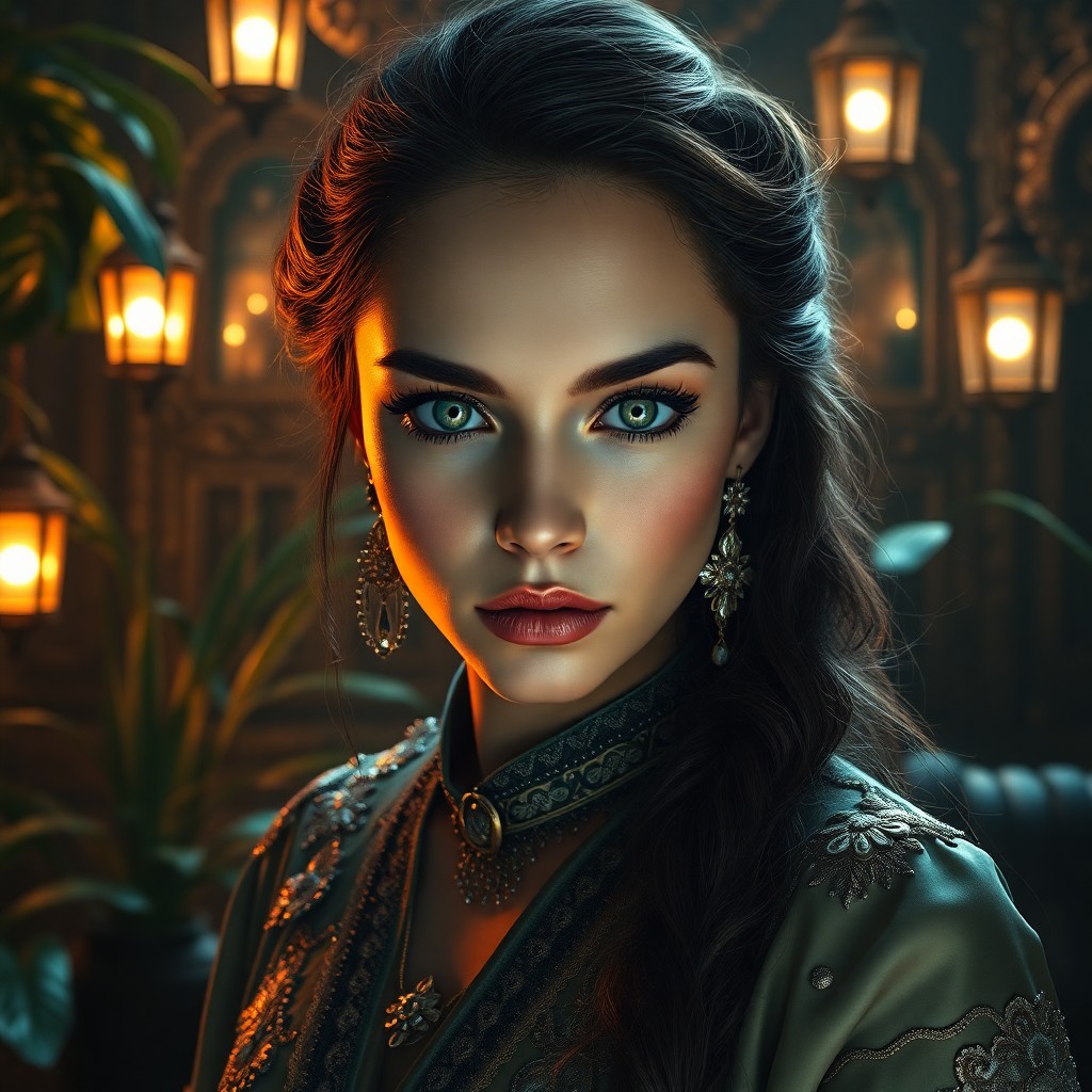 AI generated art for prompt: Craft an immersive hyperrealistic portrait of a mysterious fortune teller with captivating green eye