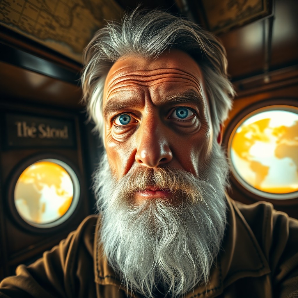 AI generated art for prompt: A photorealistic portrait photograph captures a weathered sea captain with rugged features, his sun-