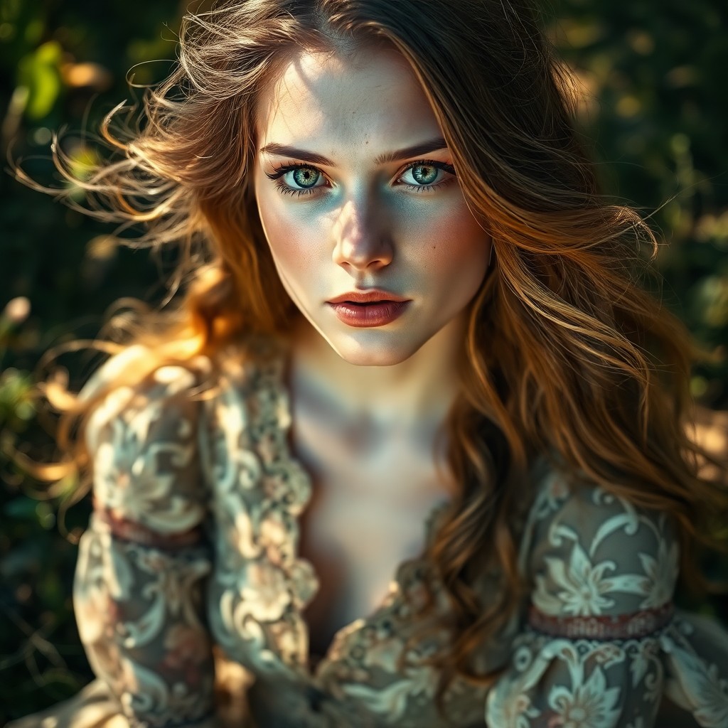 AI generated art for prompt: Imagine a captivating portrait photograph merging Pre-Raphaelite elegance with contemporary digital 