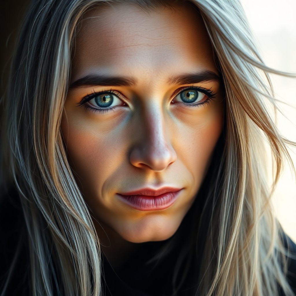 AI generated art for prompt: A portrait photograph showcases an enigmatic individual with a pensive gaze and striking green eyes 