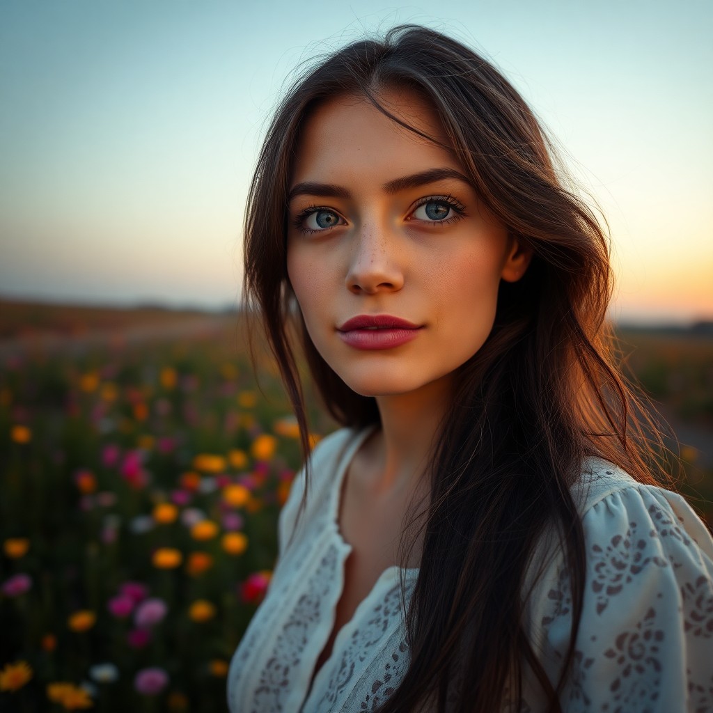 AI generated art for prompt: A hyperrealistic portrait from a low-angle perspective depicts an Eastern European woman with tender