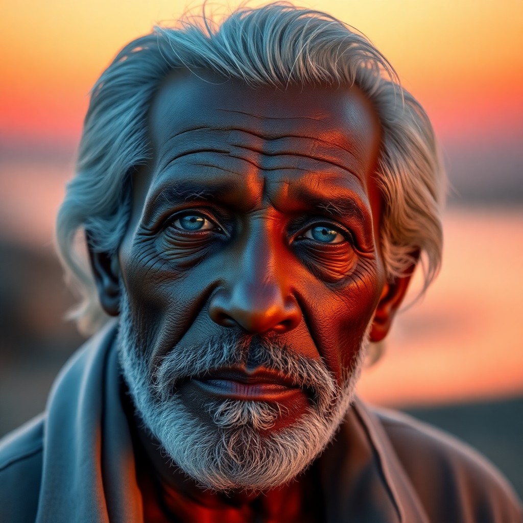 AI generated art for prompt: Render an ultrarealistic portrait of an elderly Caribbean man with serene blue eyes and silver hair 