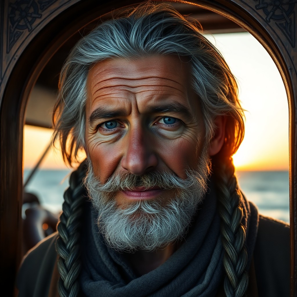 AI generated art for prompt: Envision a captivating portrait of an old-fashioned fisherman with distant blue eyes and graying hai