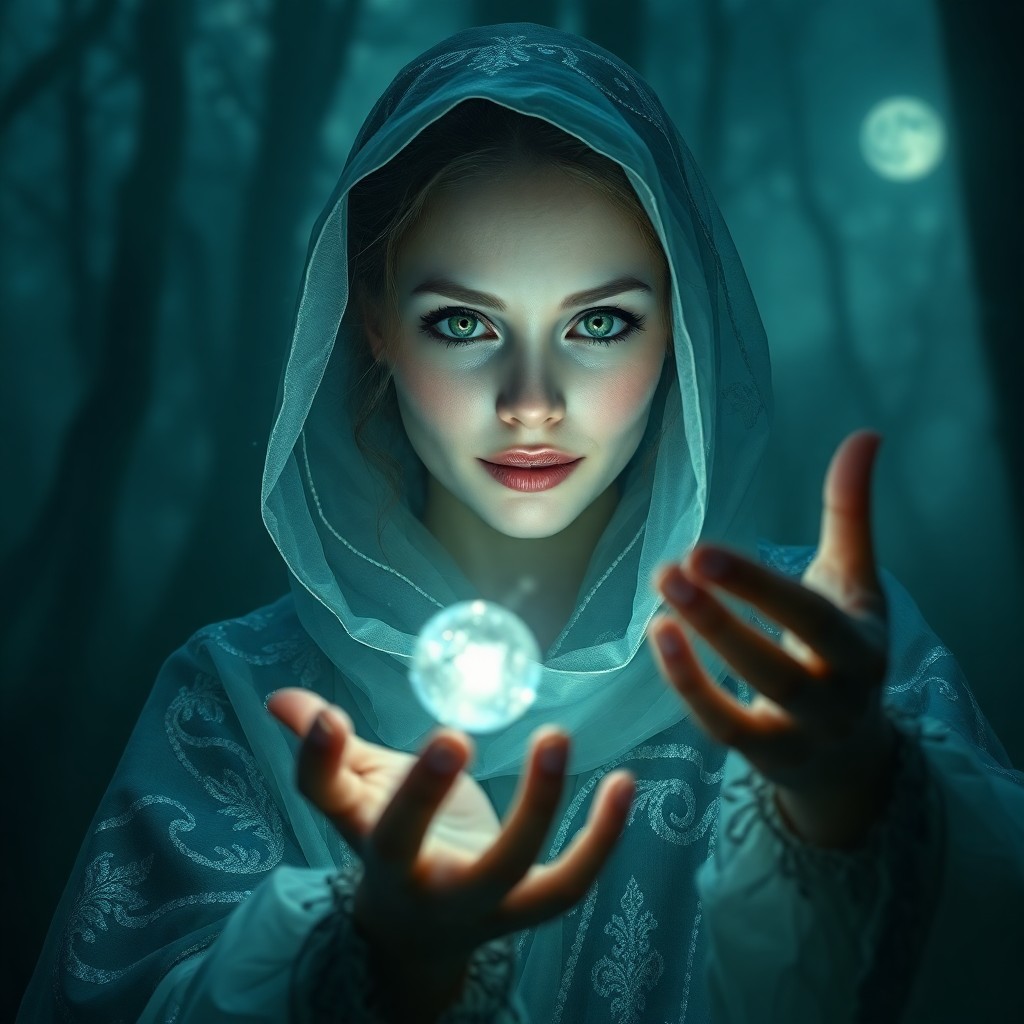 AI generated art for prompt: Envision a hyper-realistic portrait capturing an enigmatic female illusionist within a foggy moonlit