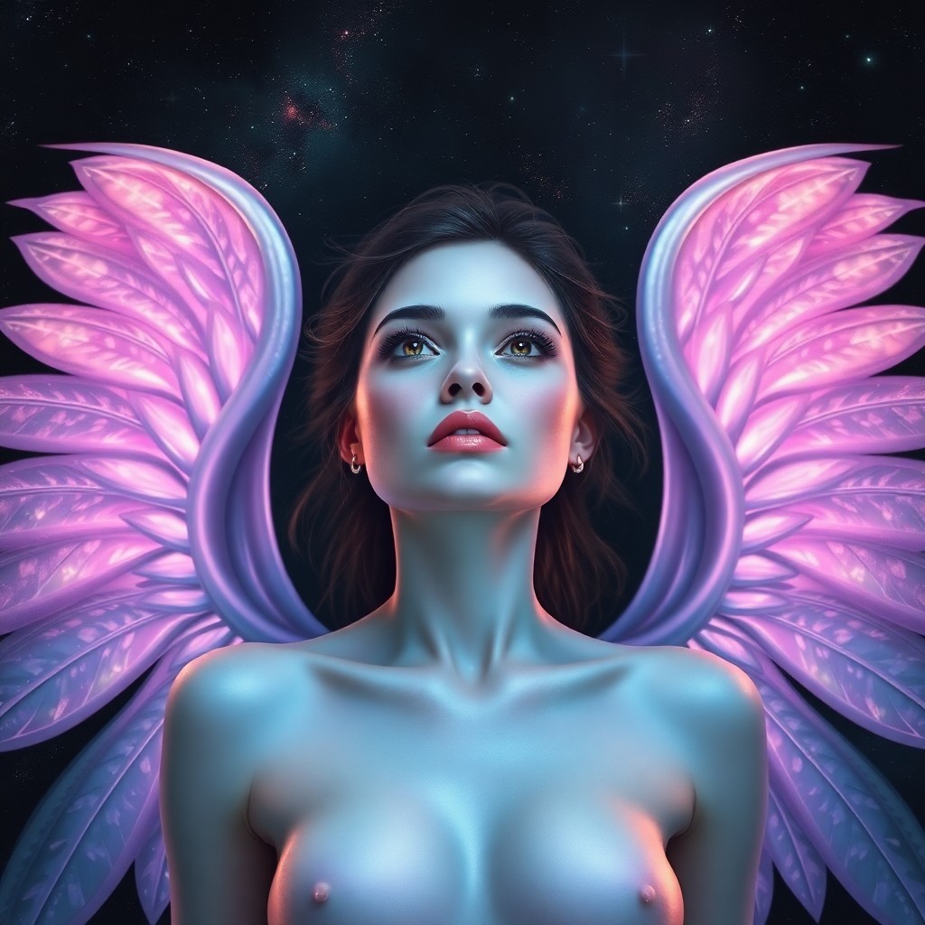 AI generated art for prompt: An otherworldly portrait depicts a celestial nymph with iridescent wings fully extended, her intense