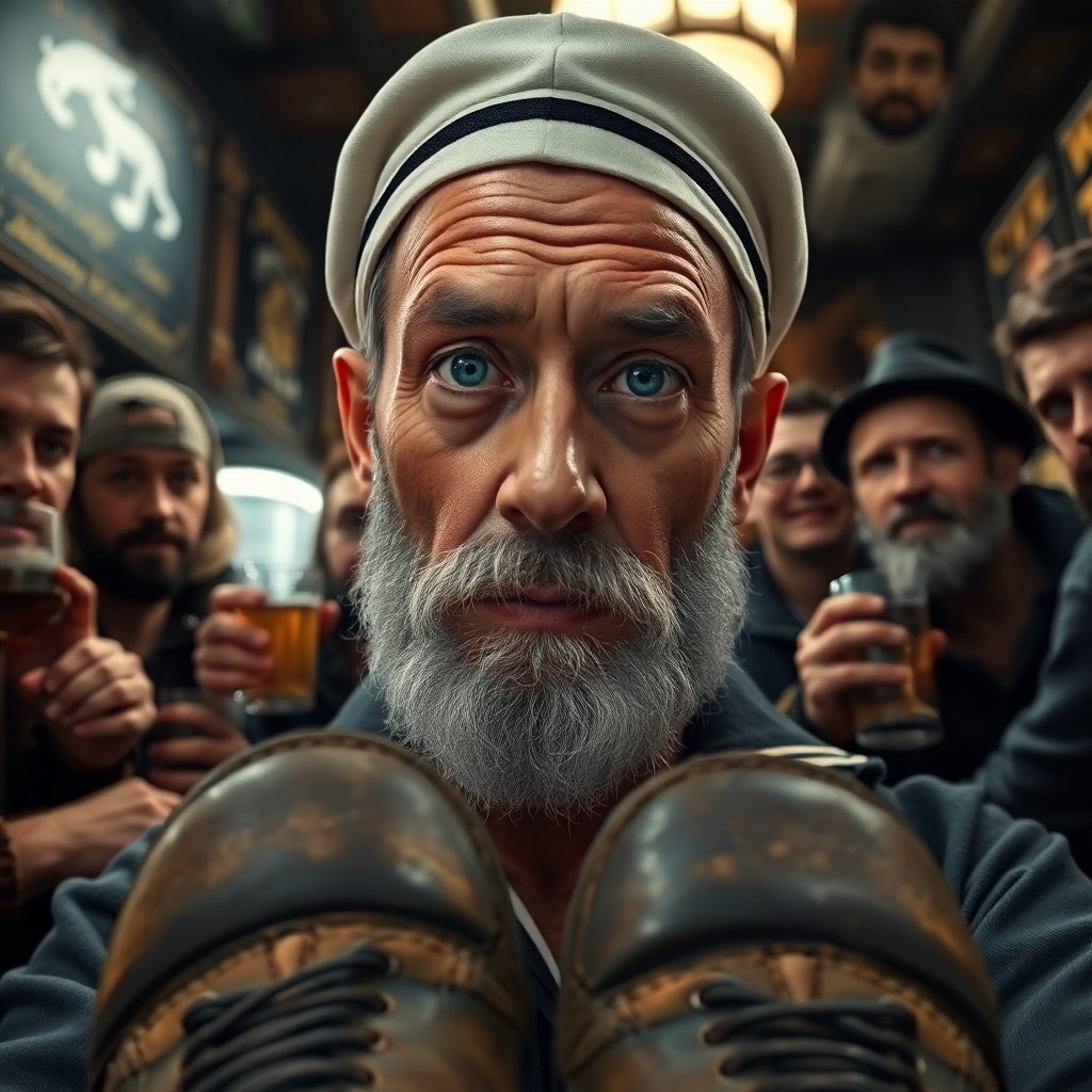 AI generated art for prompt: A vintage sailor with docile blue eyes and a graying beard stands before us in a dimly lit tavern, h