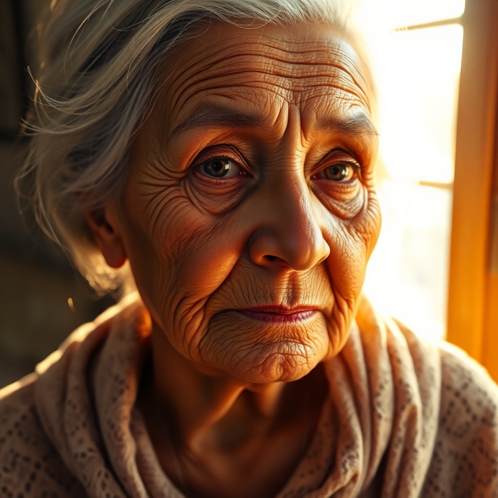 AI generated art for prompt: A photorealistic portrait depicts an elderly Hispanic woman's serene countenance, her soft wrinkles 