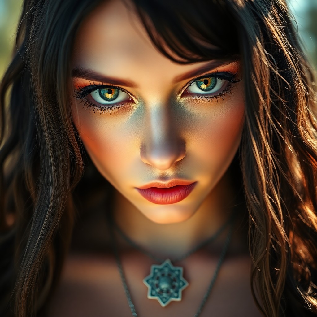 AI generated art for prompt: Create a captivating portrait of an enigmatic female mystic with intense green eyes and cascading ra