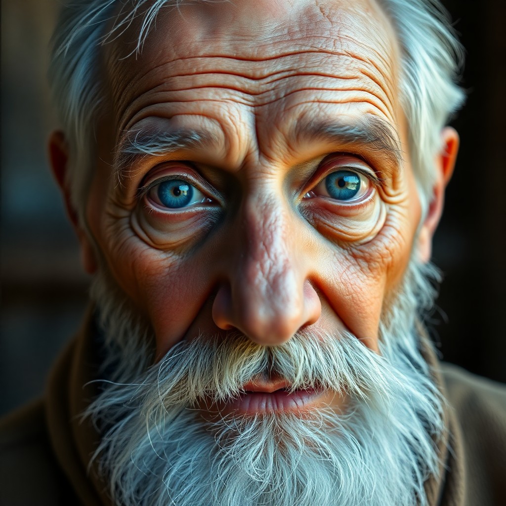 AI generated art for prompt: Craft an ultra-realistic fine art oil painting portrait of a wise old sage with hazy blue eyes that 