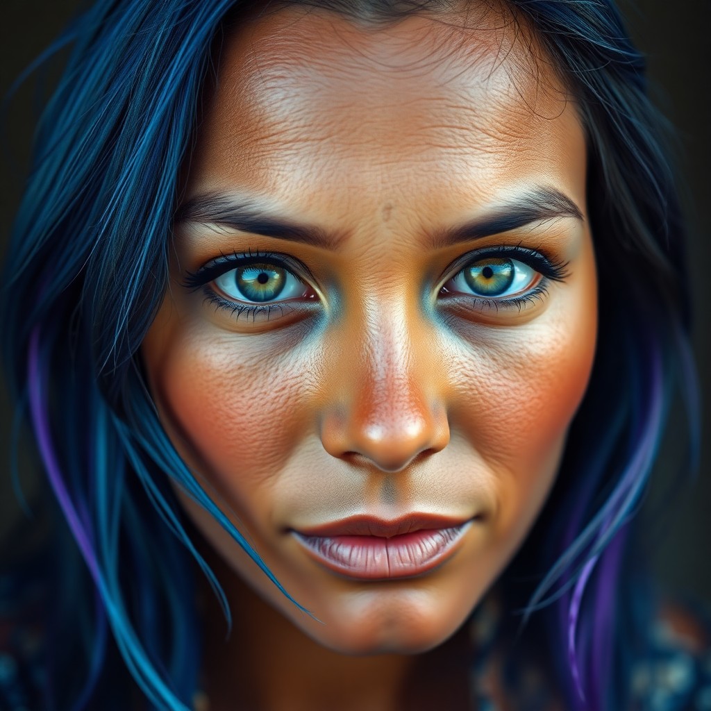 AI generated art for prompt: Envision a photorealistic portrait of an Aboriginal woman with shoulder-length hair painted in vivid