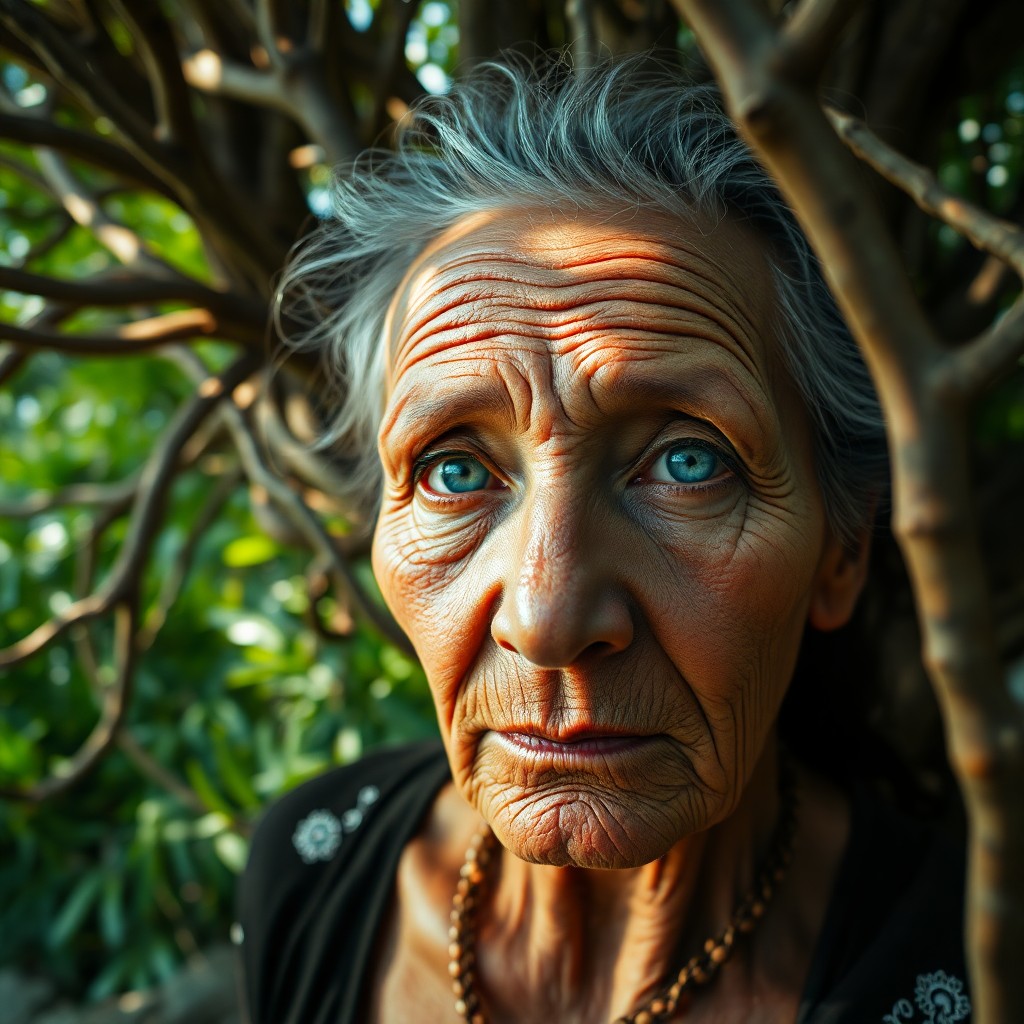 AI generated art for prompt: A detailed photorealistic portrait of an elderly Micronesian woman with melancholic blue eyes, captu