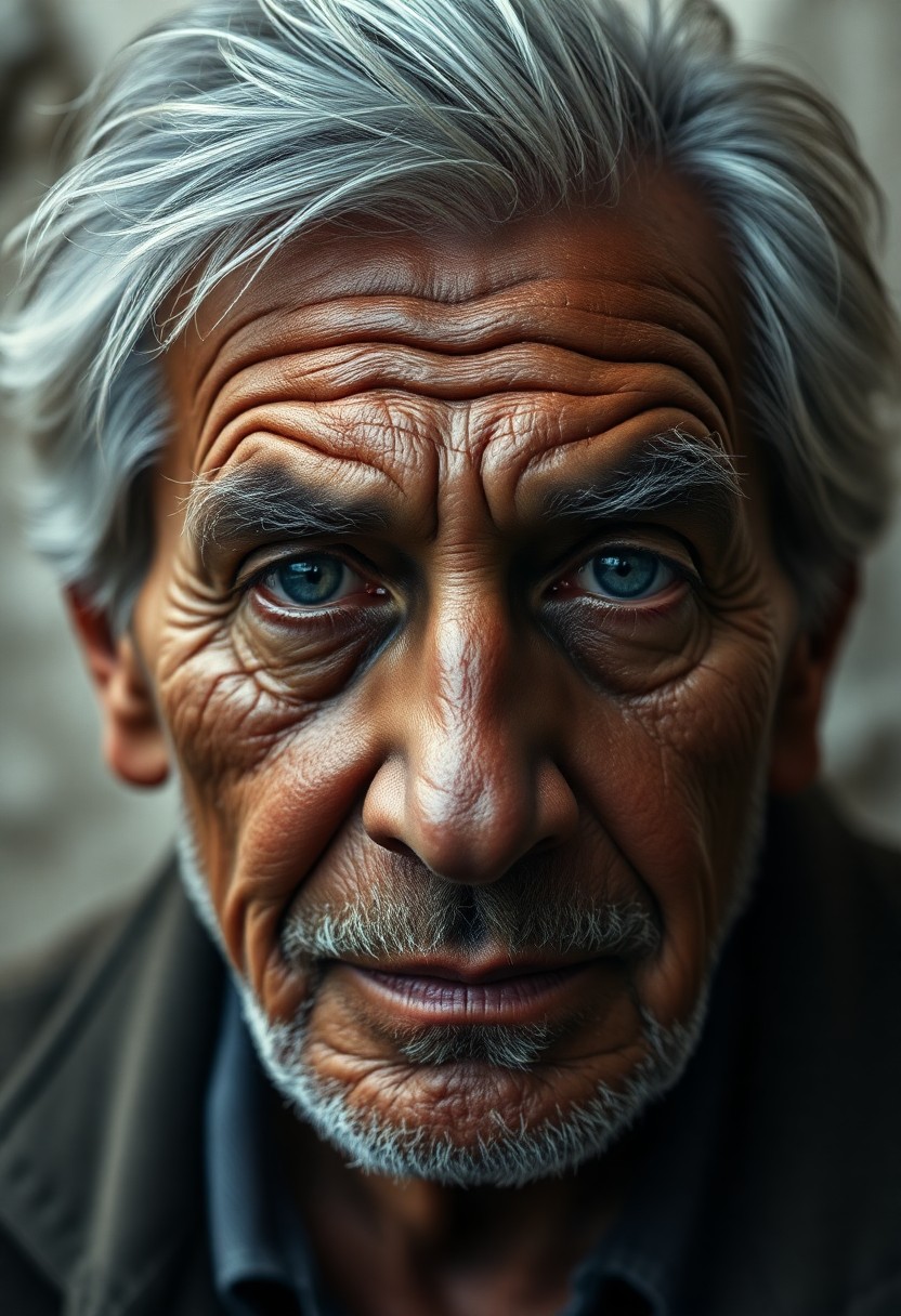 AI generated art for prompt: Envision an intimate portrait of a wise elderly Hispanic man with deep creases etched into his skin,