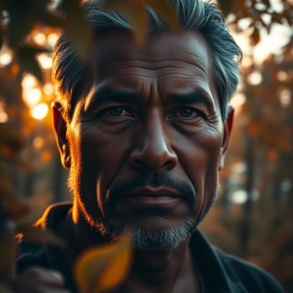 AI generated art for prompt: A photorealistic portrait of a middle-aged Polynesian man with warm brown skin, graying temples fram