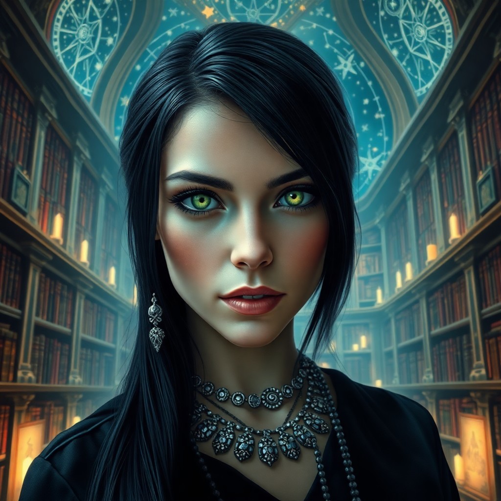 AI generated art for prompt: Create a hyperrealistic portrait of an enigmatic fortune teller with piercing green eyes and sleek r