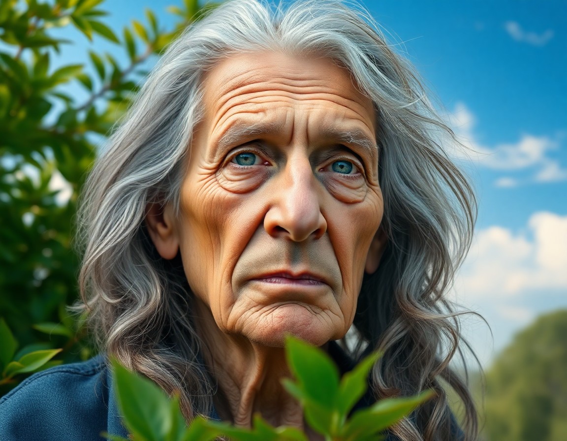 AI generated art for prompt: A captivating ultra-realistic portrait showcases an elder with gnarled skin and kind blue eyes, thei