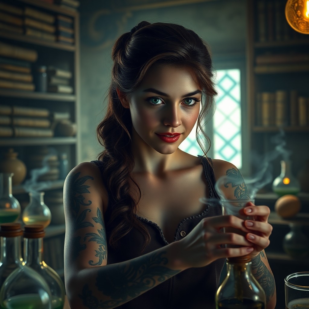 AI generated art for prompt: Depict a photorealistic portrait of an alchemist with clouded green eyes and intricate tattoos adorn