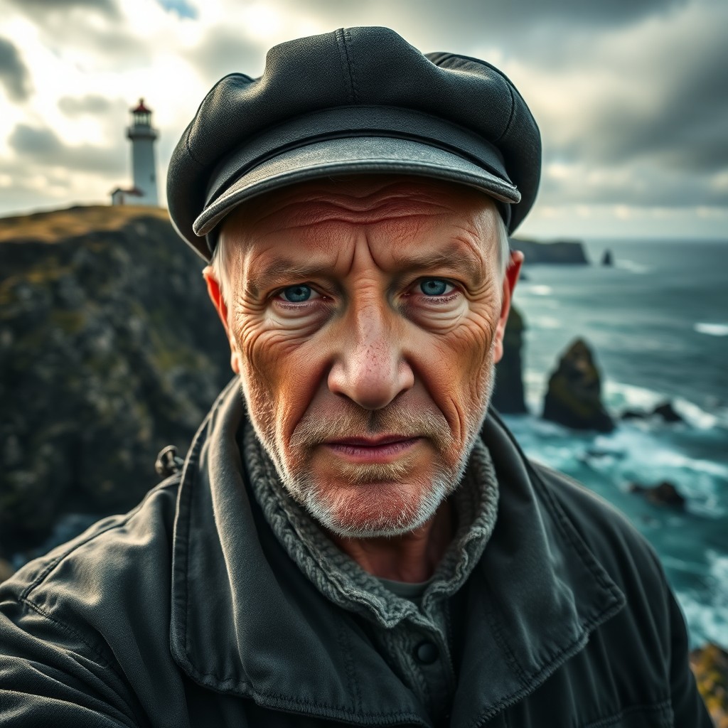 AI generated art for prompt: A photorealistic portrait of a weathered lighthouse keeper, his sun-creased features and gentle blue