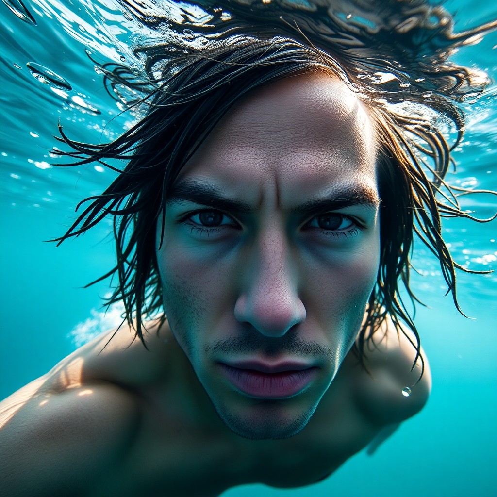 AI generated art for prompt: Create a photorealistic portrait of a freediver from an underwater perspective, capturing their inte