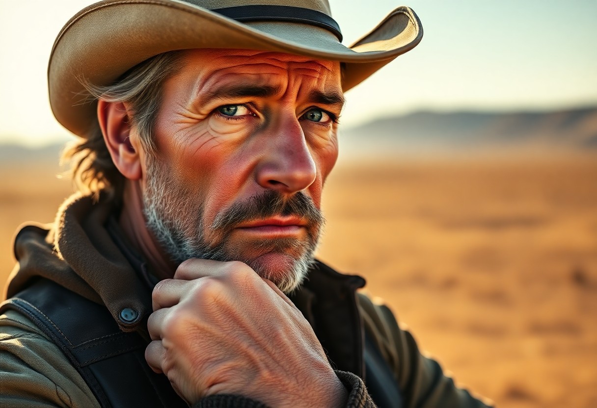 AI generated art for prompt: A photorealistic portrait photograph captures the essence of a weathered cowboy with shabby-chic fea