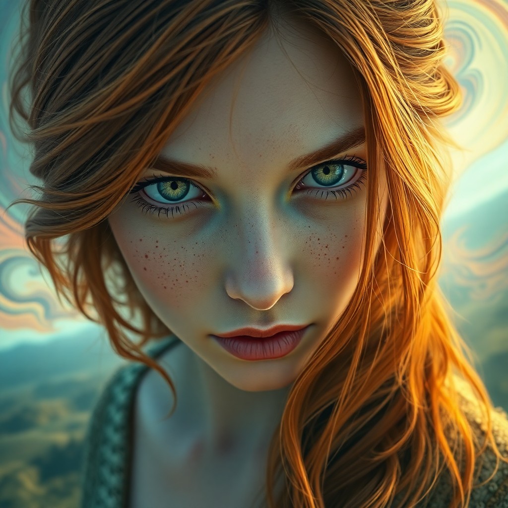 AI generated art for prompt: Craft a captivating portrait of a Celtic woman with cascading chestnut hair and alluring green eyes 