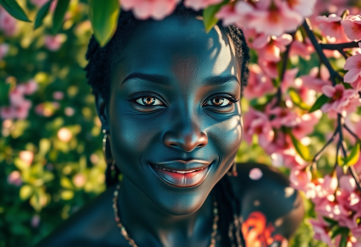 AI generated art for prompt: Envision a captivating portrait of an enigmatic Melanesian woman with deep indigo skin and luminous 