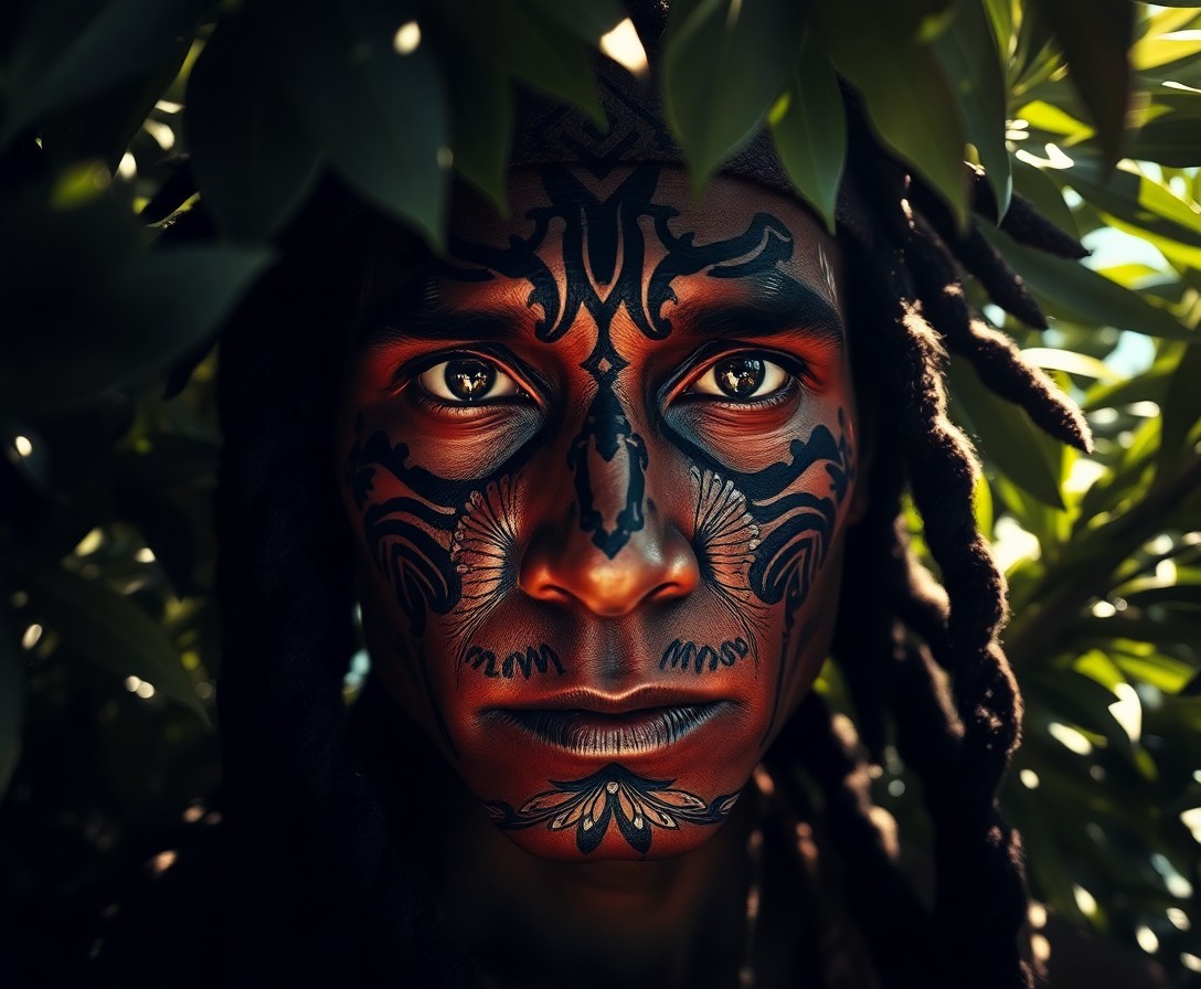 AI generated art for prompt: An ultra-realistic portrait captures an enigmatic figure adorned with intricate tribal patterns, the