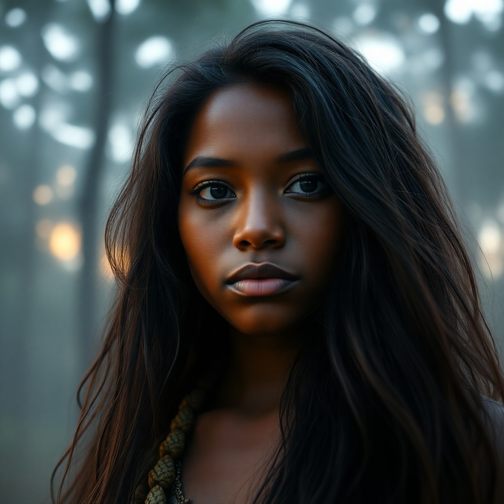 AI generated art for prompt: Create a photorealistic portrait of a solitary Melanesian woman in a misty forest glade at dusk. The