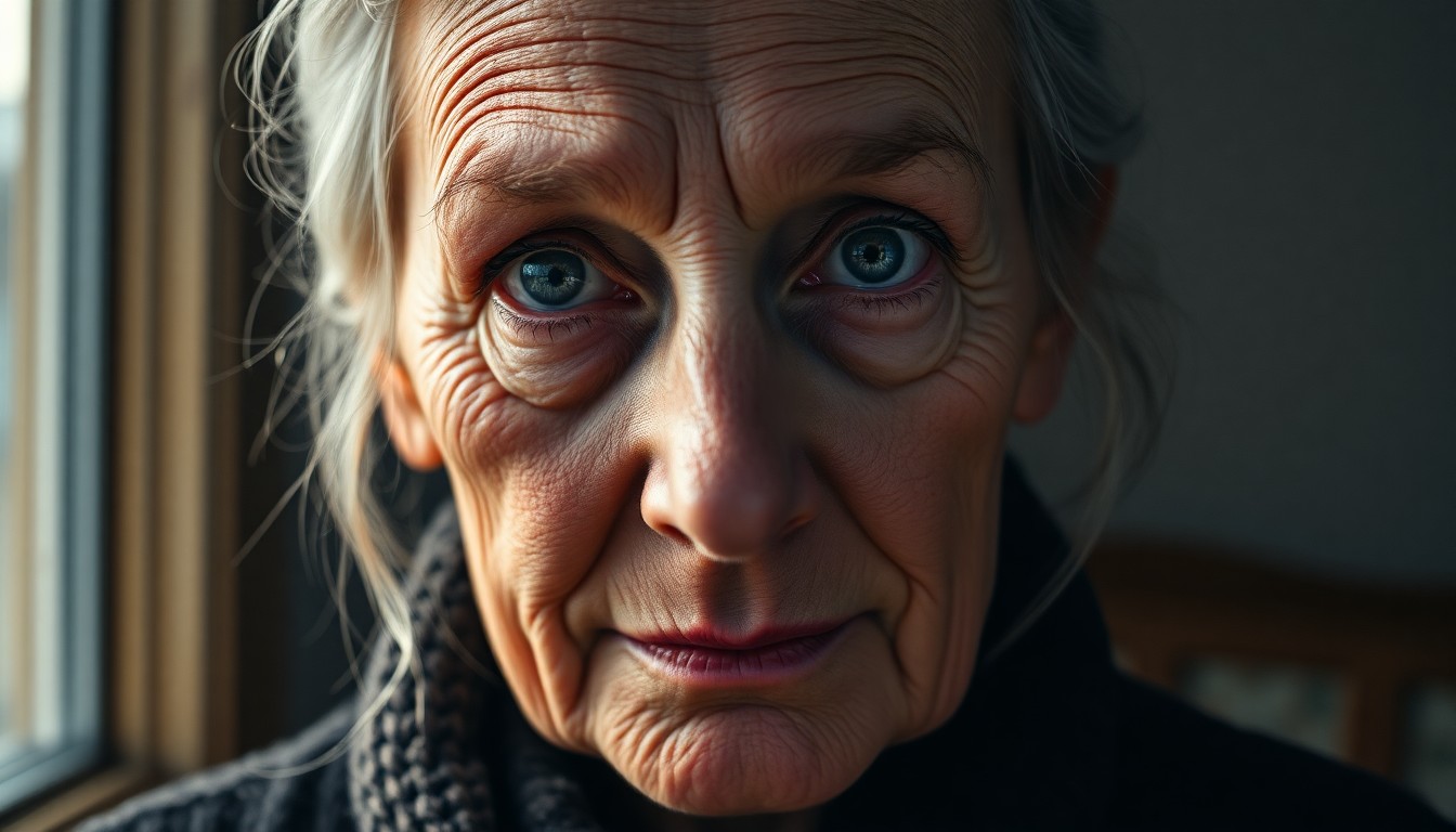 AI generated art for prompt: A DSLR captures an enigmatic portrait of a Nordic woman in her later years, her eyes reflecting a li