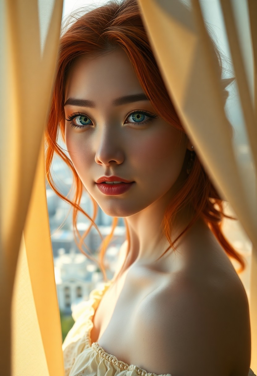 AI generated art for prompt: Envision a hyperrealistic portrait of an enigmatic Japanese Celtic woman with fiery red hair and vib