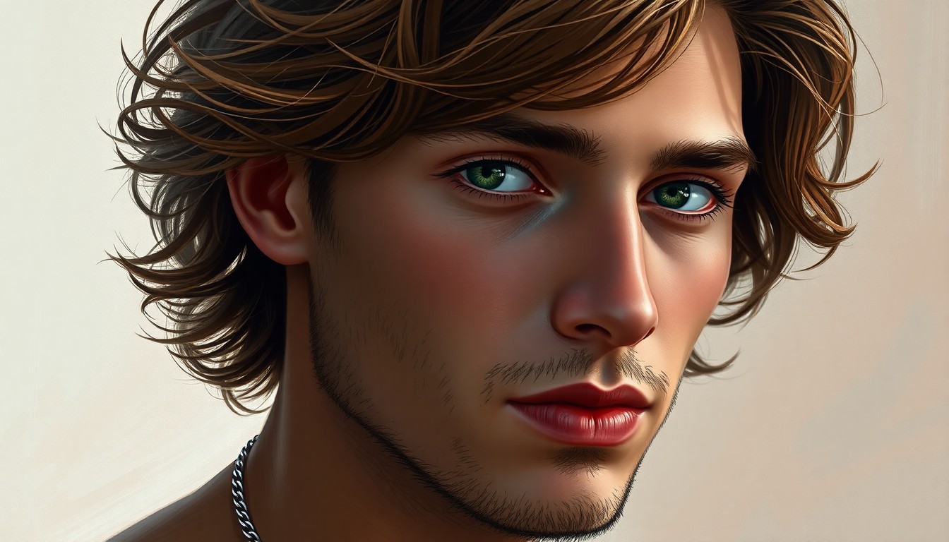 AI generated art for prompt: Craft a modern digital painting showcasing an intimate portrait of a young Southern European man. Wi