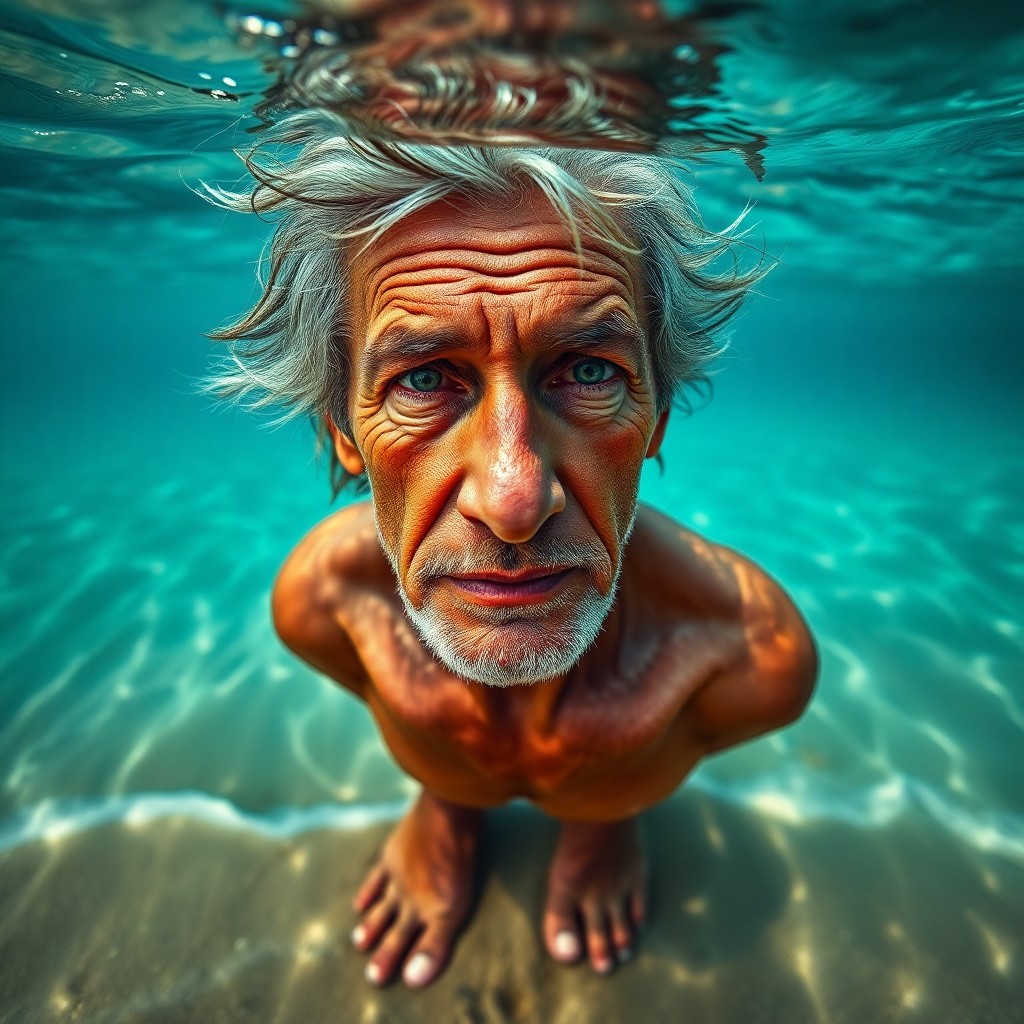 AI generated art for prompt: A portrait photograph depicts an aged fisherman with rugged skin, intense blue eyes, and wind-tossed