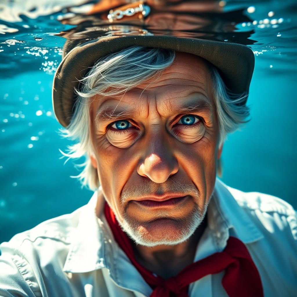 AI generated art for prompt: A photorealistic portrait photograph captures an aged sailor with serene blue eyes and tanned skin f