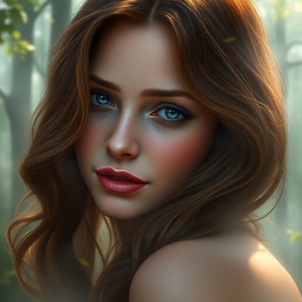 AI generated art for prompt: Craft a hyperrealistic digital painting of an enigmatic woman with captivating features amidst a tra