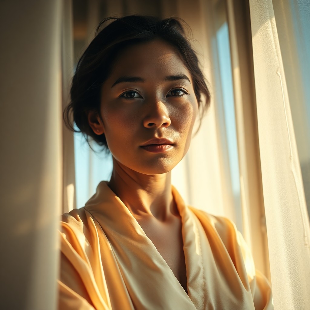 AI generated art for prompt: Mesmerizing portrait of enigmatic Micronesian woman by window with sunlight filtering through gossam