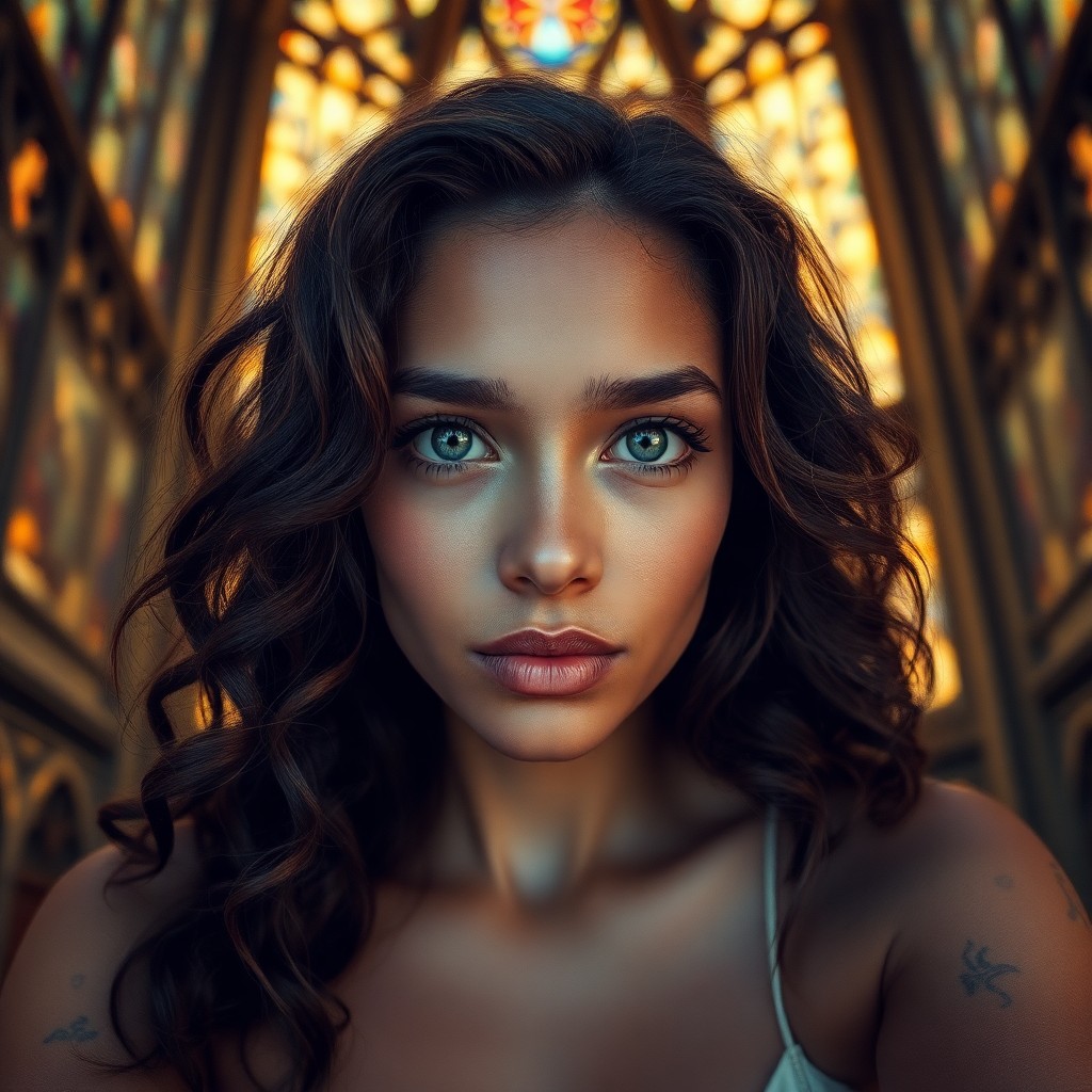 AI generated art for prompt: A serene Melanesian woman with captivating blue eyes and wavy chestnut hair sits within the ancient 