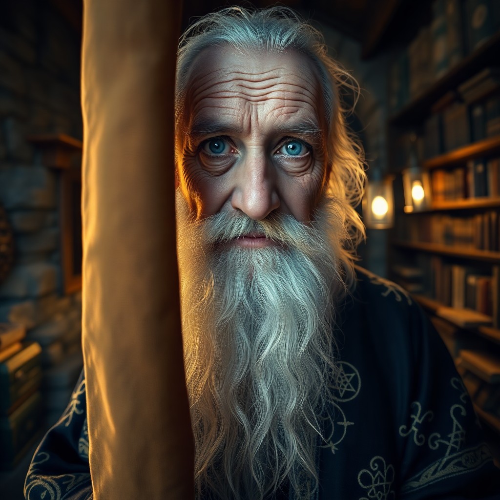 AI generated art for prompt: Craft a photorealistic portrait photograph showcasing a wise old wizard with tranquil blue eyes and 