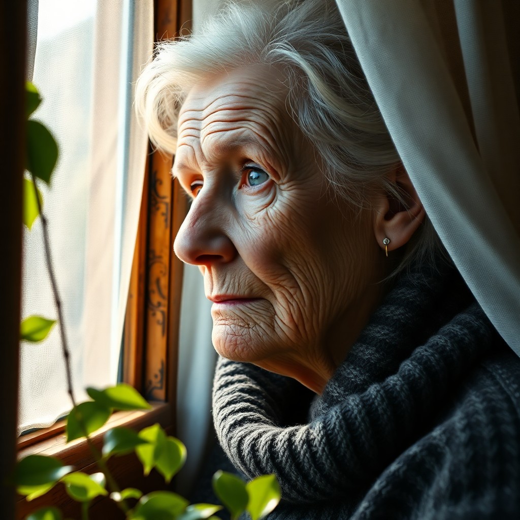 AI generated art for prompt: Craft a hyperrealistic portrait of an elderly Nordic woman, her weathered skin and compassionate blu