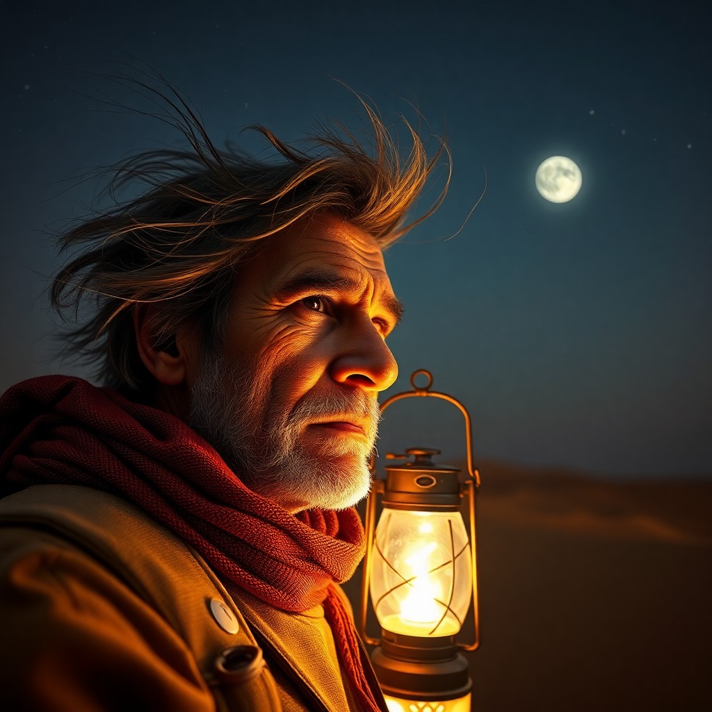 AI generated art for prompt: Craft a photorealistic portrait showcasing a lone traveler illuminated by their lantern's warm glow 