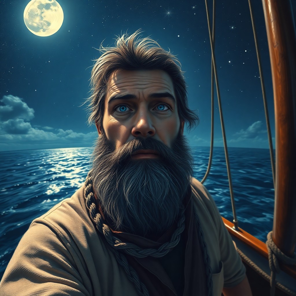 AI generated art for prompt: In a captivating portrait of impressionistic realism, we encounter a seasoned sailor with dreamy blu